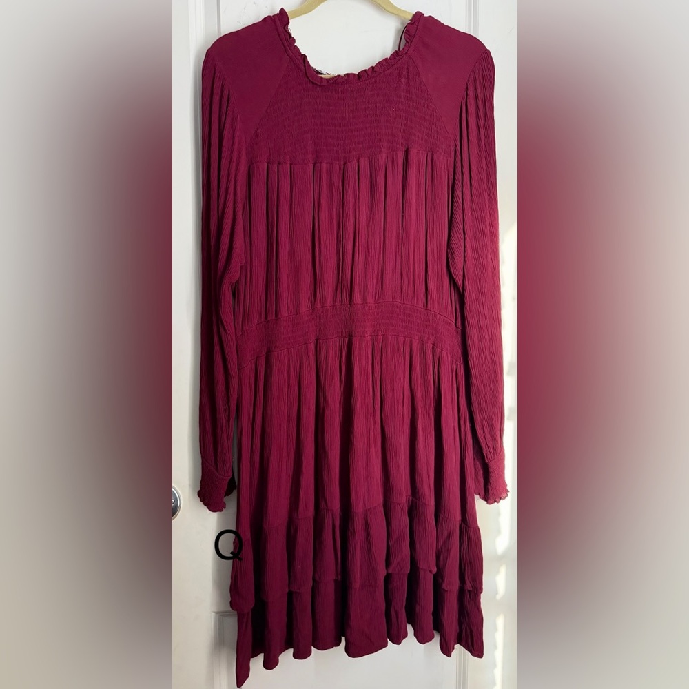 Knox‎ Rose Womens Berry Tiered LS Dress Size XL Burgundy Smocked Prairie